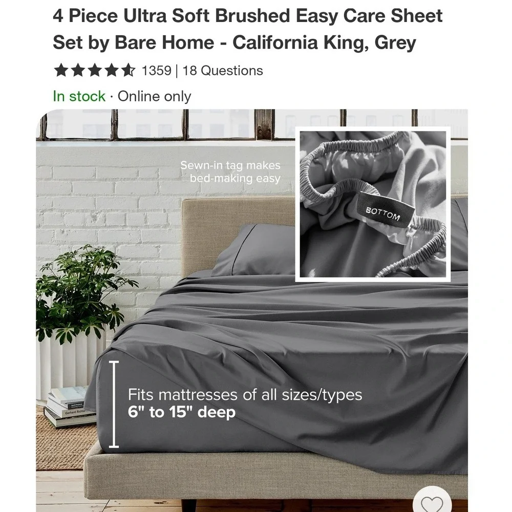 Bare Home Sheet Set Cal King Grey NWT 4 Piece Ultra Soft Microfiber Deep Pocket